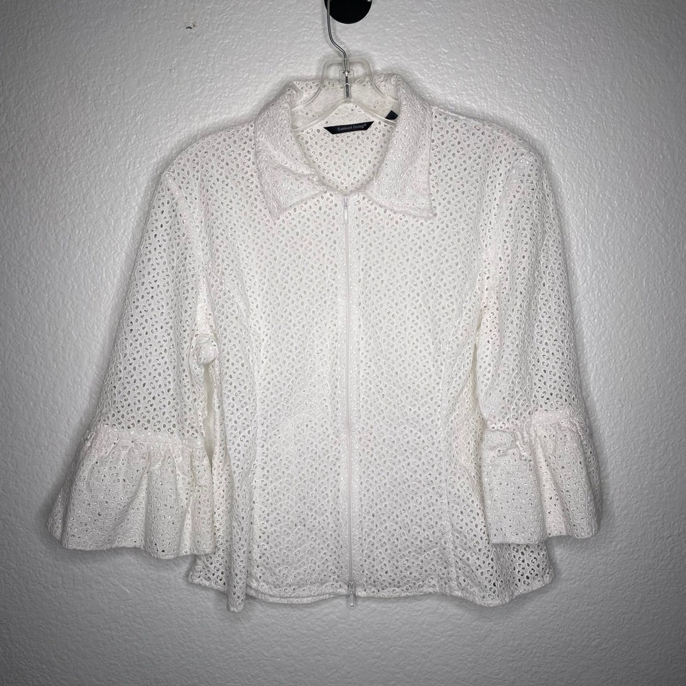 Samuel Dong White Eyelet Lace Zip Up Jacket XL Cotton Ruffle Bell Sleeve Blouse